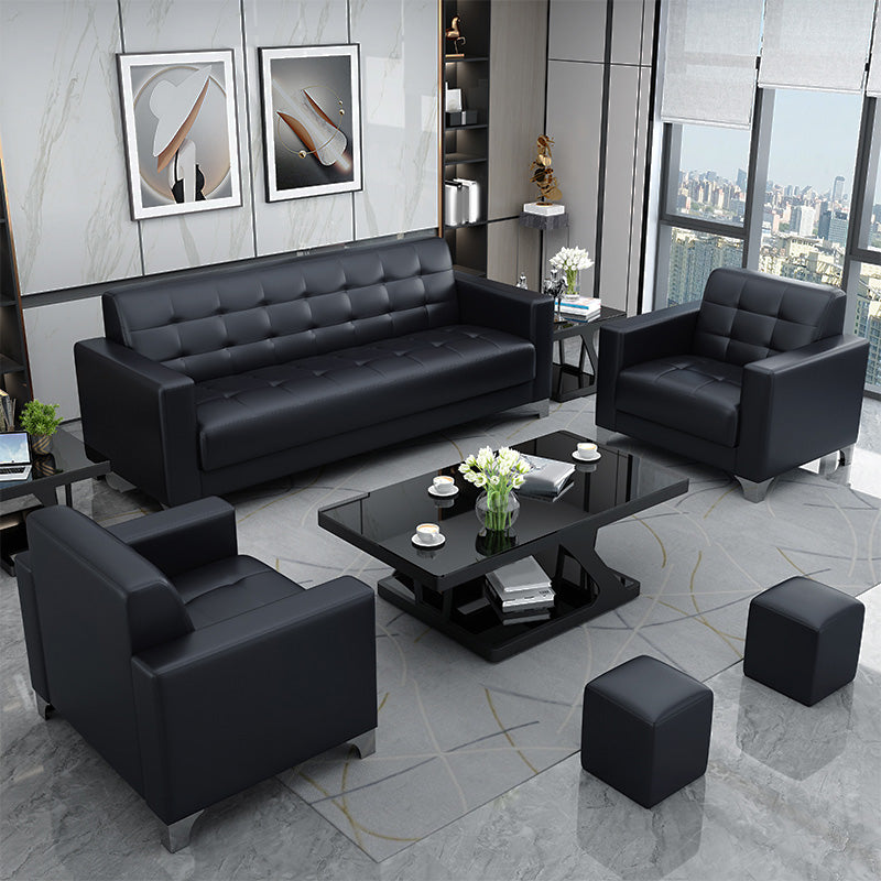 Living Room Leather Sofa in Black Tufted Split-Back Sleeper Seating
