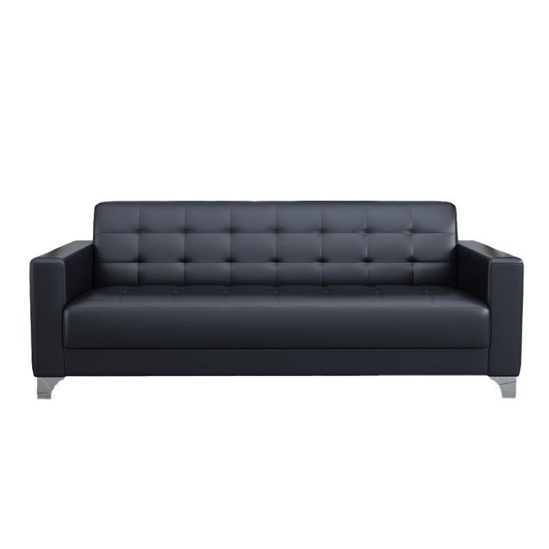 Living Room Leather Sofa in Black Tufted Split-Back Sleeper Seating