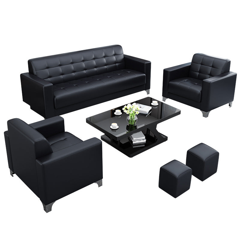 Living Room Leather Sofa in Black Tufted Split-Back Sleeper Seating