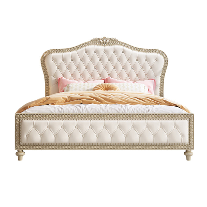 Queen Size Victorian Wood Bed Frame Tufted Upholstered Standard Bed in Beige
