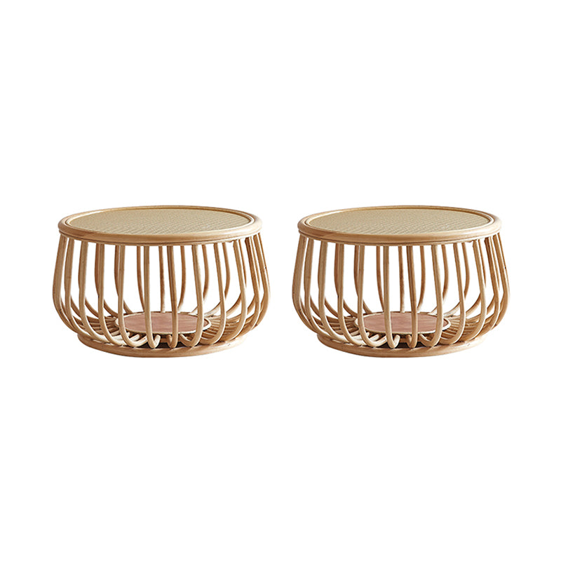 Asian Drum End Table Round Rattan Accent Side Table with Storage