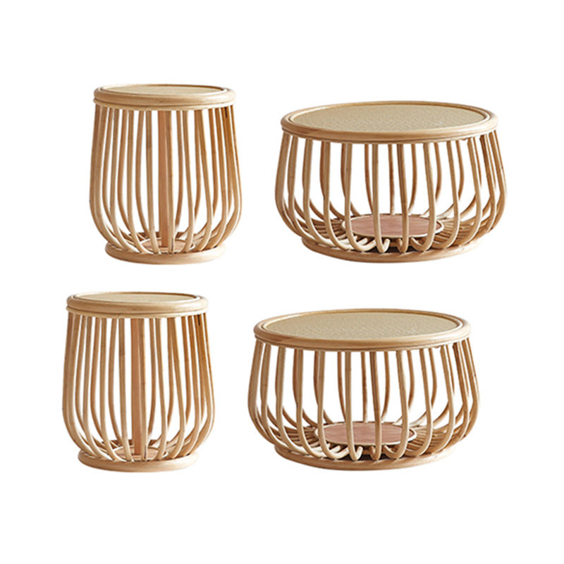 Asian Drum End Table Round Rattan Accent Side Table with Storage