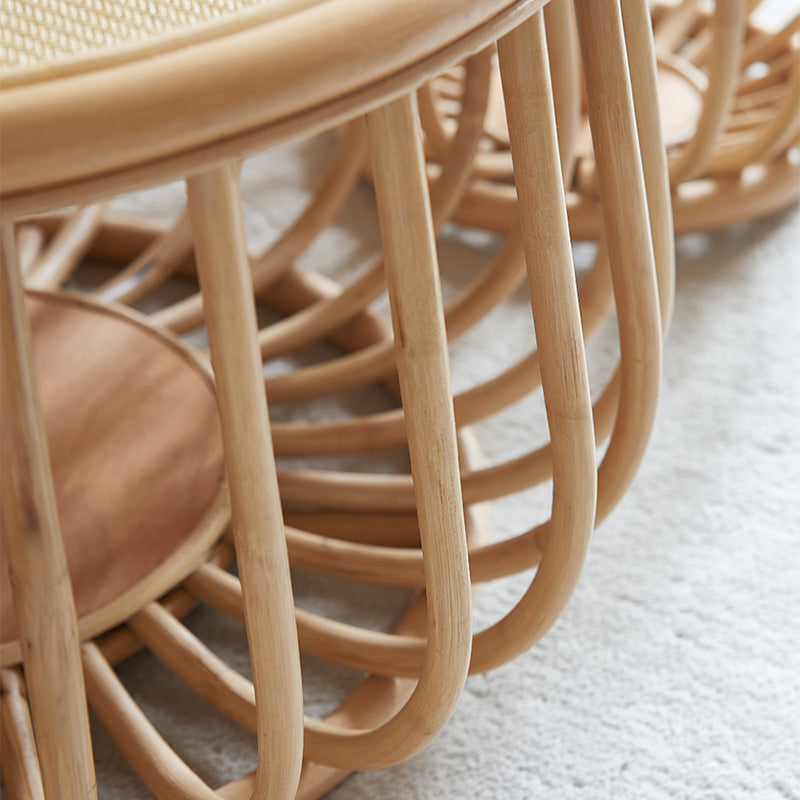 Asian Drum End Table Round Rattan Accent Side Table with Storage