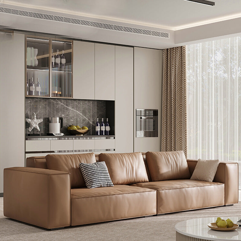 Brown Genuine Leather Square Arm Sofa Modern Style for Bonus Room