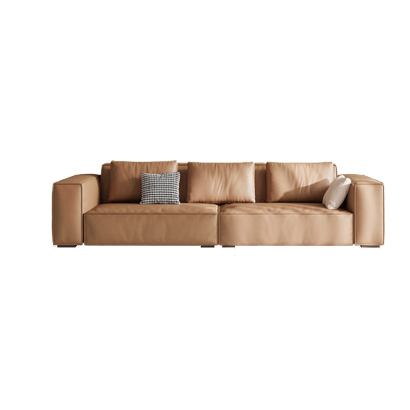 Brown Genuine Leather Square Arm Sofa Modern Style for Bonus Room