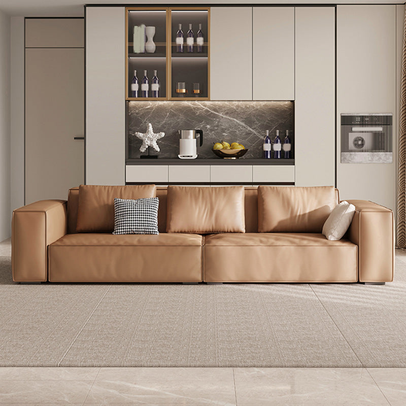Brown Genuine Leather Square Arm Sofa Modern Style for Bonus Room
