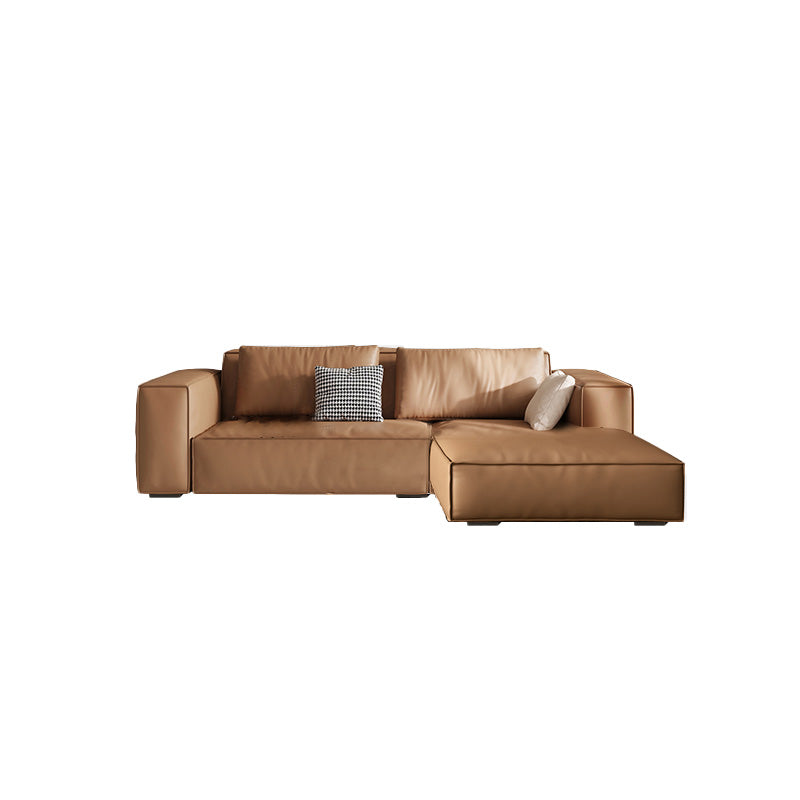 Brown Genuine Leather Square Arm Sofa Modern Style for Bonus Room