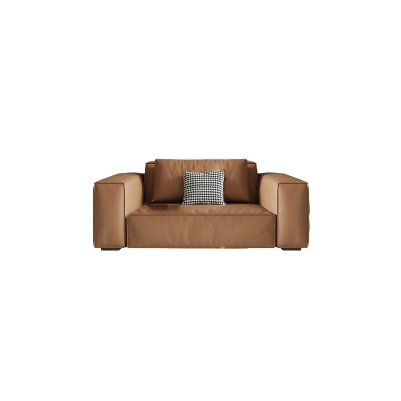 Brown Genuine Leather Square Arm Sofa Modern Style for Bonus Room