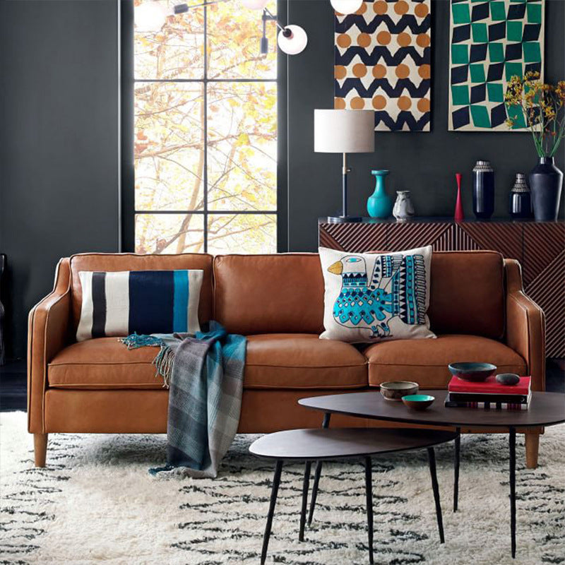 Contemporary Style Leather Sofa with Bolster Pillows Seating for Living Room