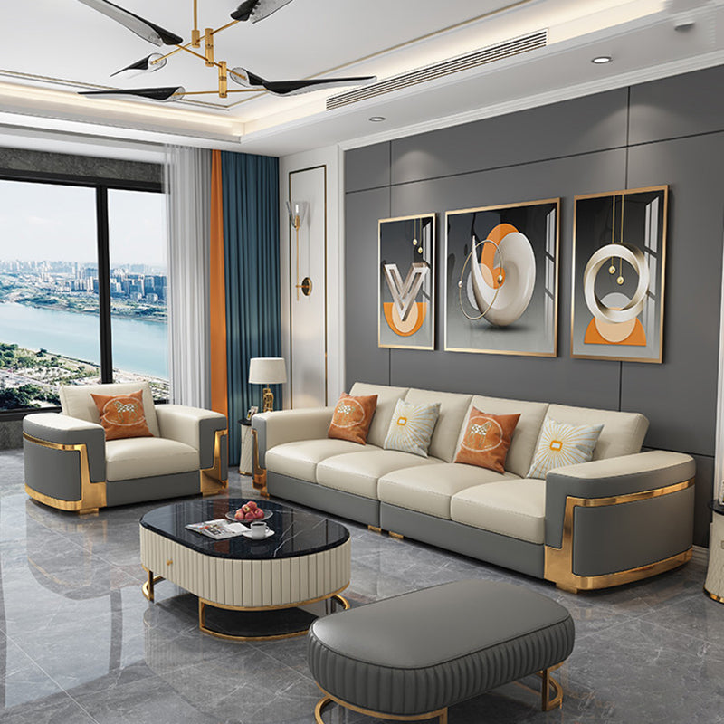 Glam Style Square Tufted Sofa Leather Sofa in Off-White for Living Room