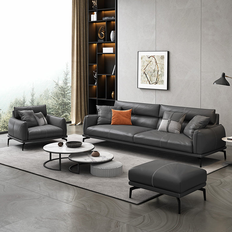 Upscale Grey Sofa with Four Legs Leather Sofa Living Room Seating