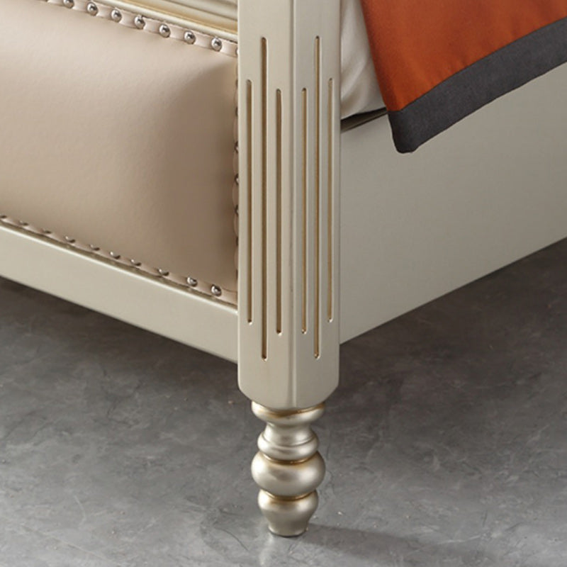 Solid Wood Upholstered Bed Frame Victorian Beige Standard Bed with Nailhead Trim