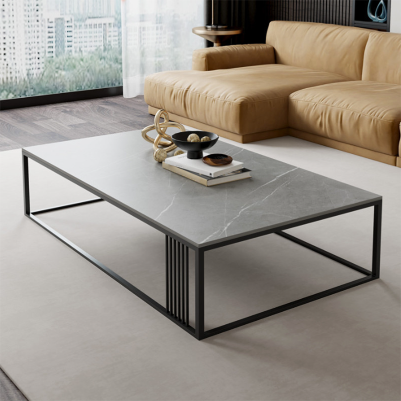 Contemporary 17.7" H Coffee Table Rectangular Stone Top Simple Cocktail Table