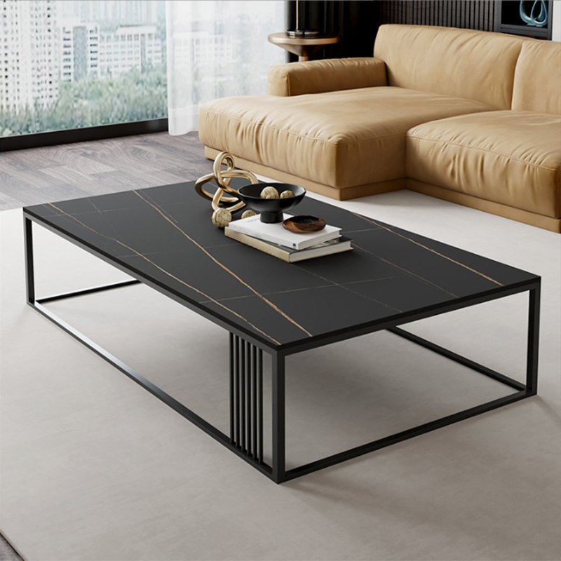 Contemporary 17.7" H Coffee Table Rectangular Stone Top Simple Cocktail Table