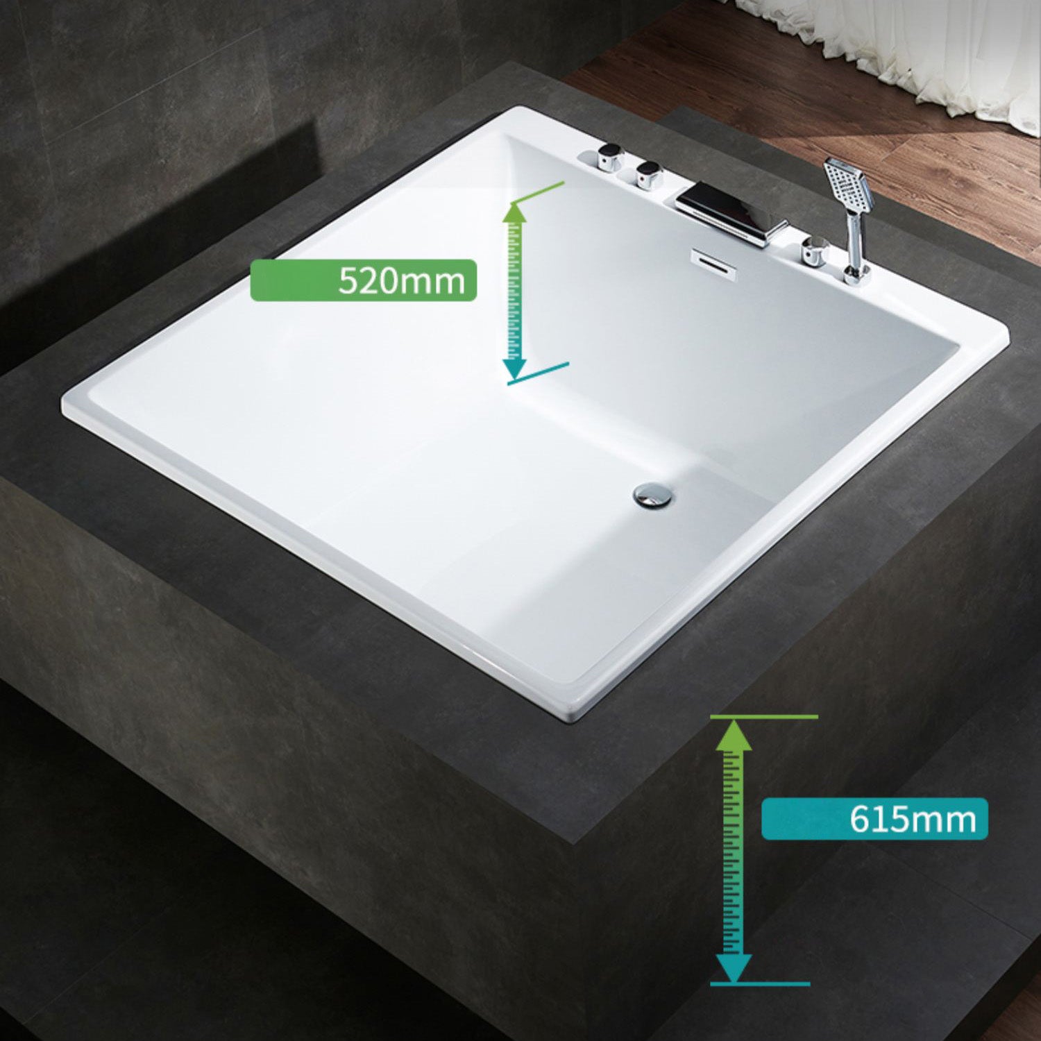 Acrylic Bath Drop-in Soaking Square Modern Center-Front Bathtub
