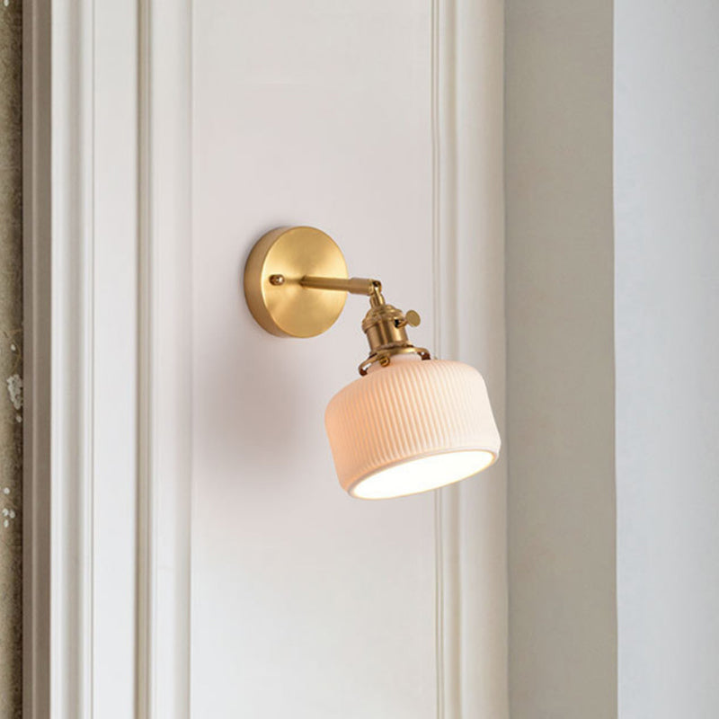 White Modern Metal Wall Sconce Geometric Shape Vanity Lamp with Ceramic Shade for Bathroom