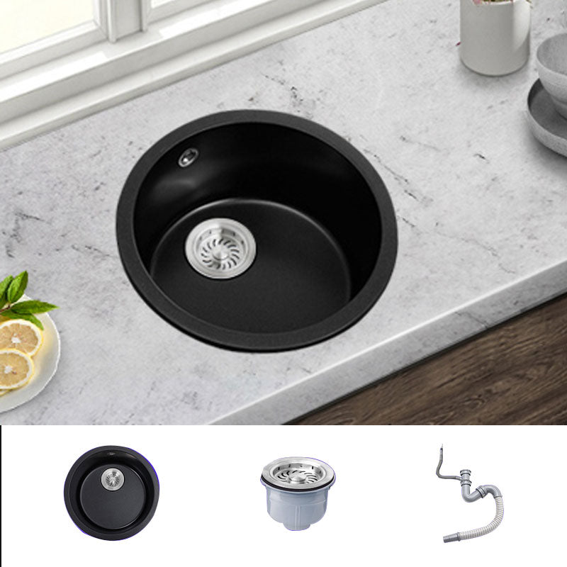 Round Granite Kitchen Sink in Black with Drain Assembly Undermount Sink