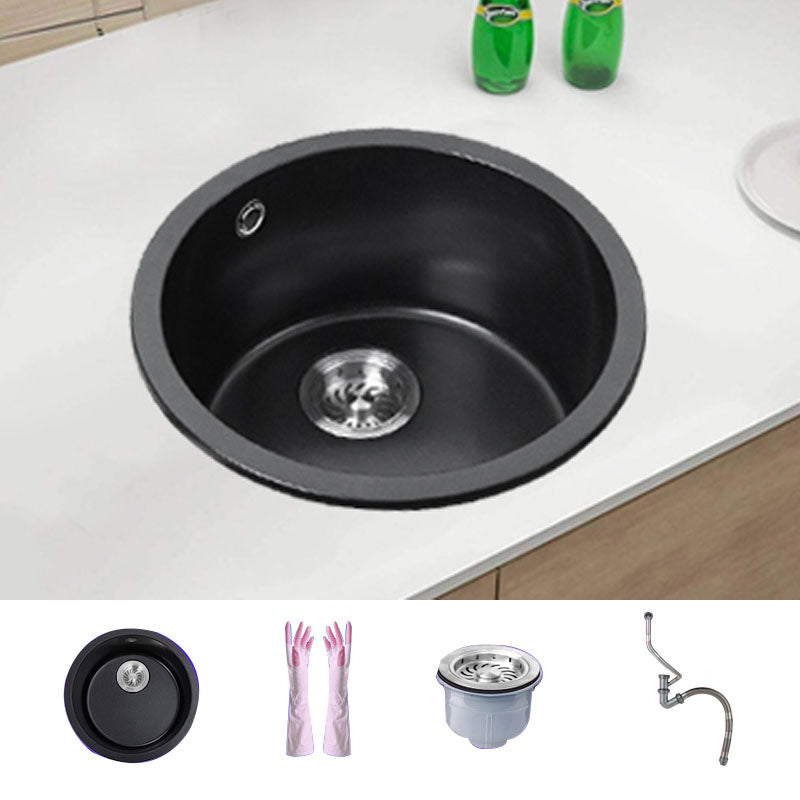 Round Granite Kitchen Sink in Black with Drain Assembly Undermount Sink