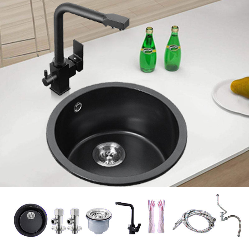 Round Granite Kitchen Sink in Black with Drain Assembly Undermount Sink