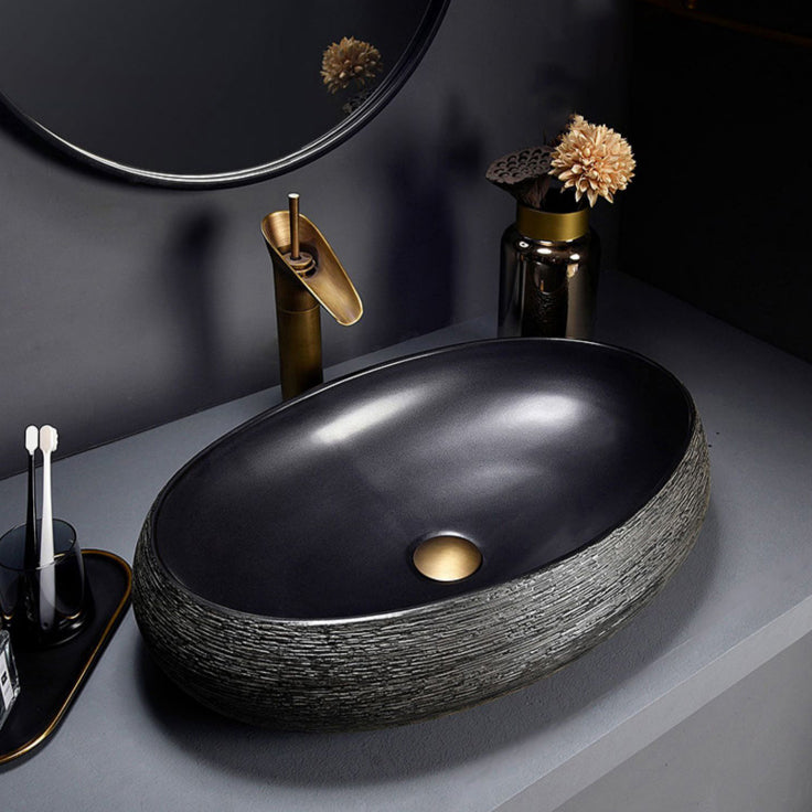Modern Bathroom Sink Black Oval Ceramic Bathroom Sink with Faucet