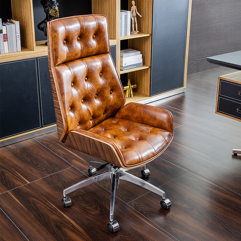 Armless Leather Desk Chair Modern No Distressing Ergonomic Office Chair with Wheels