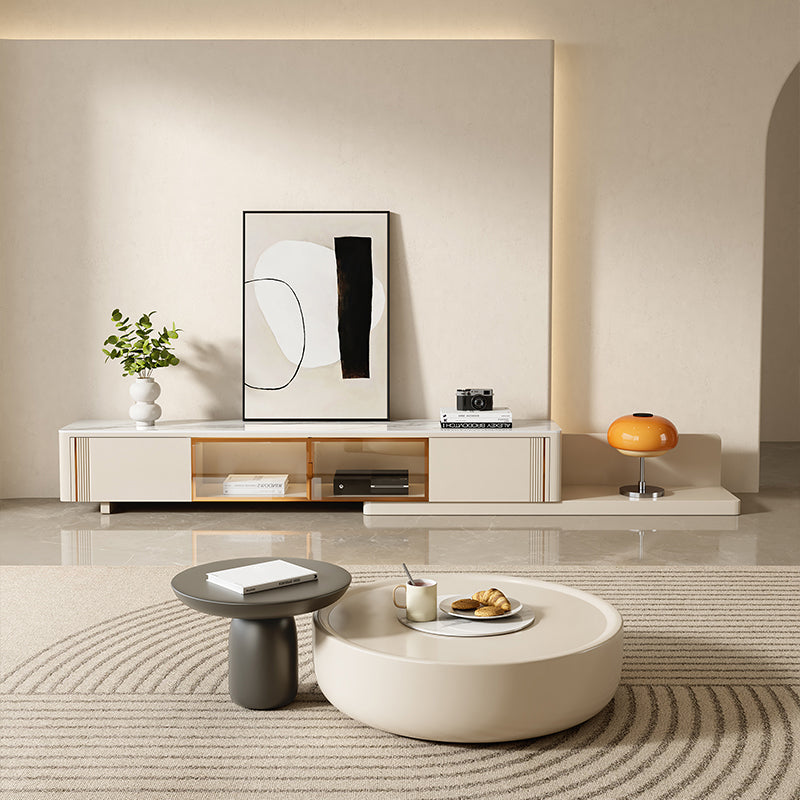 Contemporary Round White Cocktail Table 1 Drawer Drum Coffee Table Set