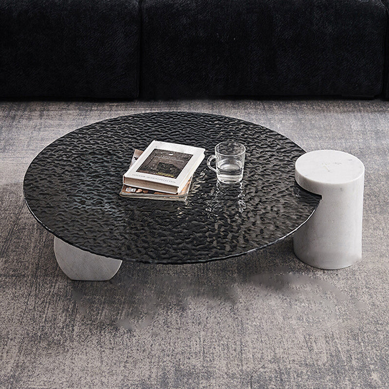 Round Glass Top Coffee Table Black Abstract Coffee Cocktail Table
