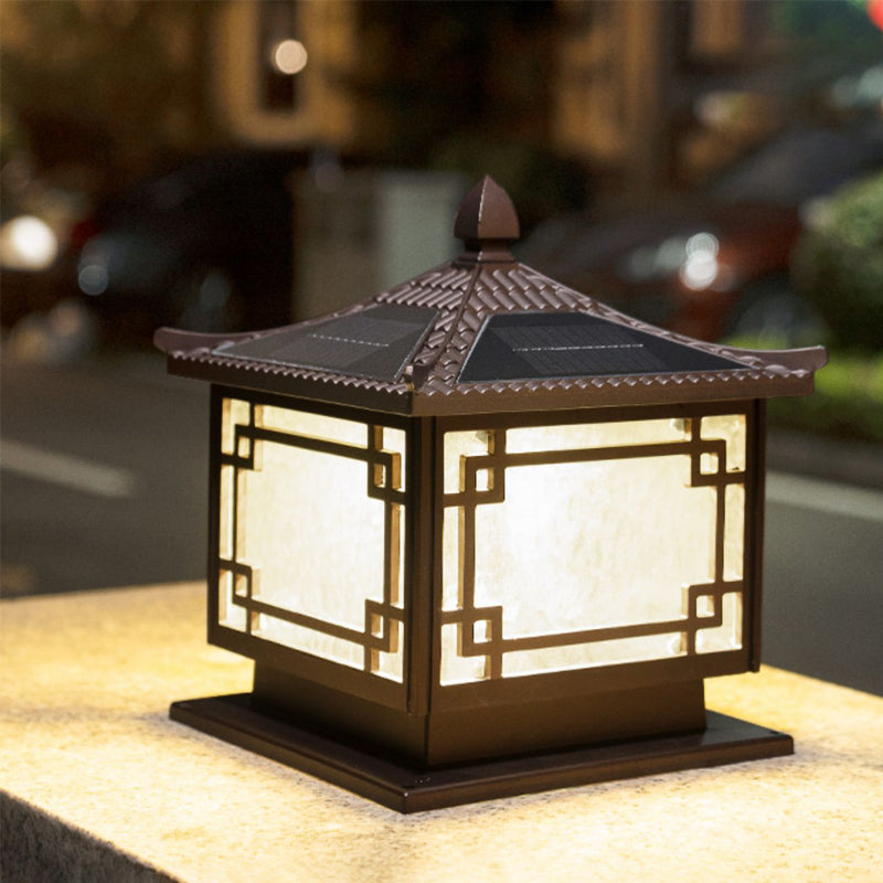 Rectangular Shape Metal Solar Pillar Lamp Modern Style 1 Light Outdoor Lights in Brown