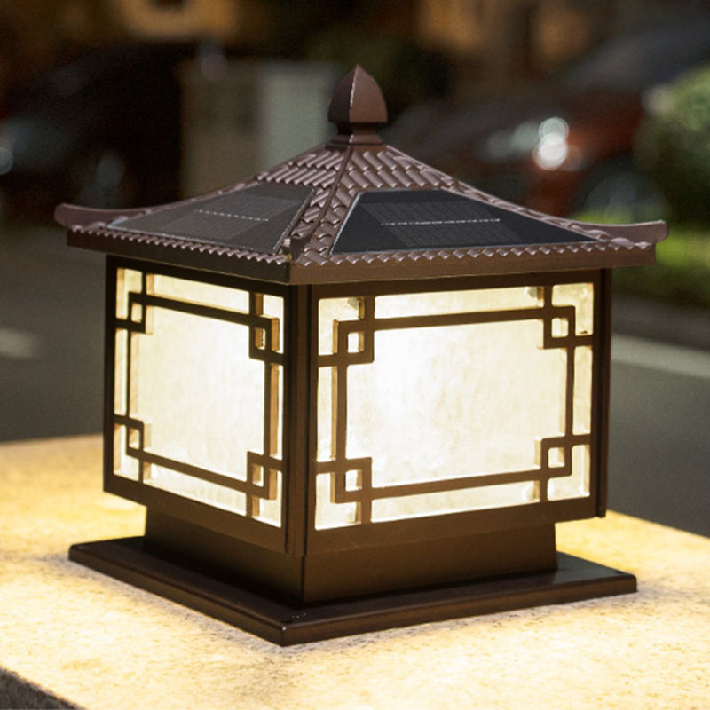 Rectangular Shape Metal Solar Pillar Lamp Modern Style 1 Light Outdoor Lights in Brown