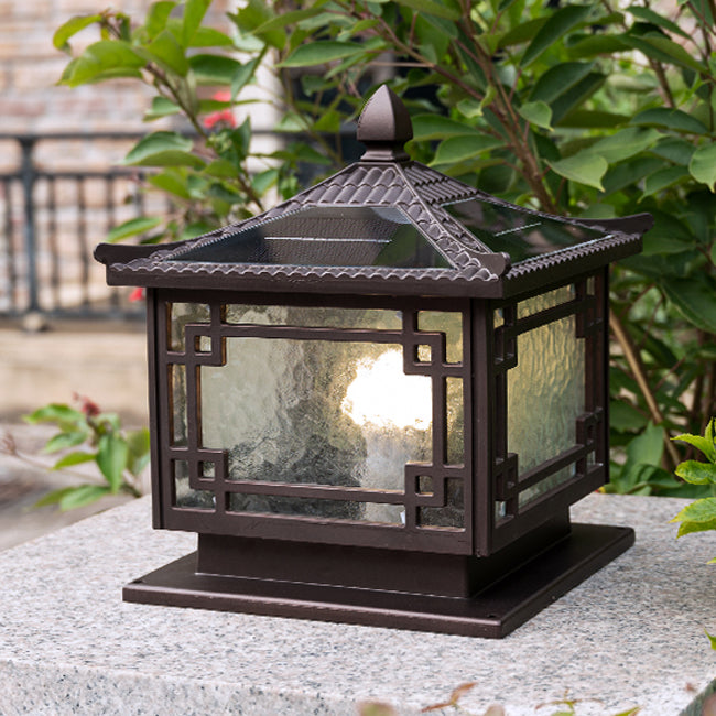 Rectangular Shape Metal Solar Pillar Lamp Modern Style 1 Light Outdoor Lights in Brown