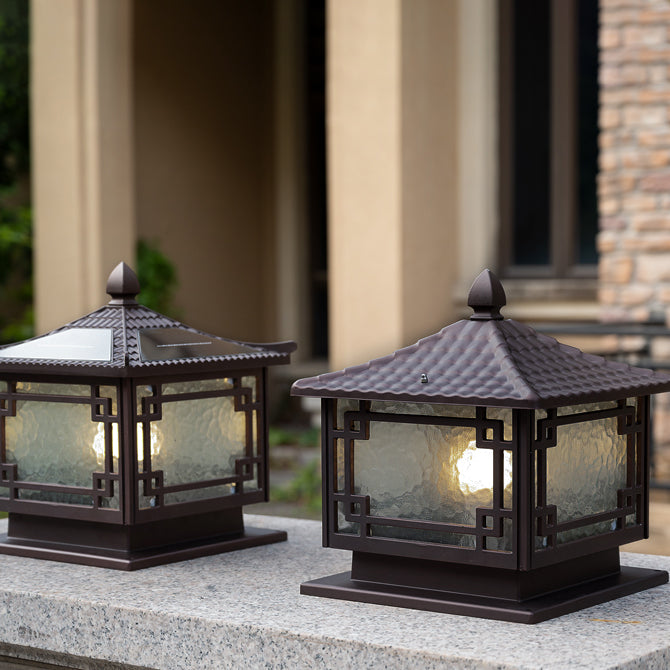 Rectangular Shape Metal Solar Pillar Lamp Modern Style 1 Light Outdoor Lights in Brown
