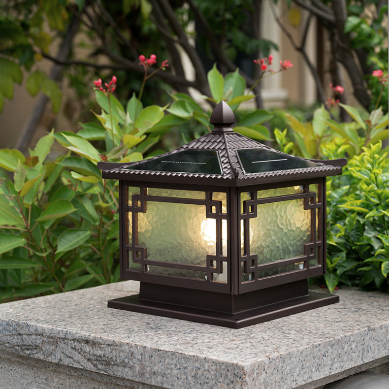 Rectangular Shape Metal Solar Pillar Lamp Modern Style 1 Light Outdoor Lights in Brown