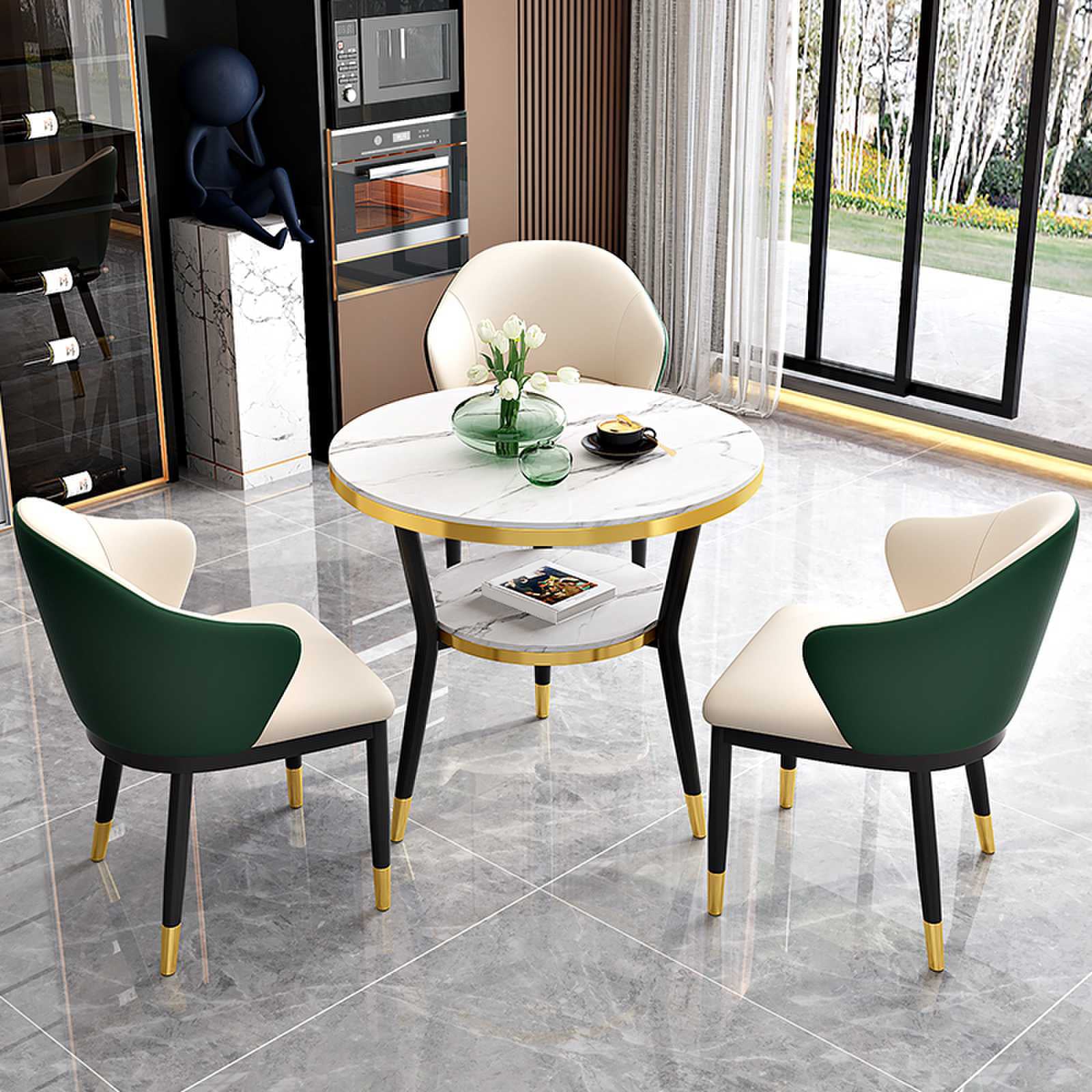 Glossy White Stone Dining Table Set 1/2/4 Pcs Glam Dinette Set with Leather Chairs