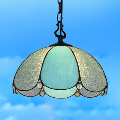Tiffany Flower Hanging Lamp 1 Bulb Blue/Clear Hand Cut Glass Ceiling Pendant Light for Dining Room