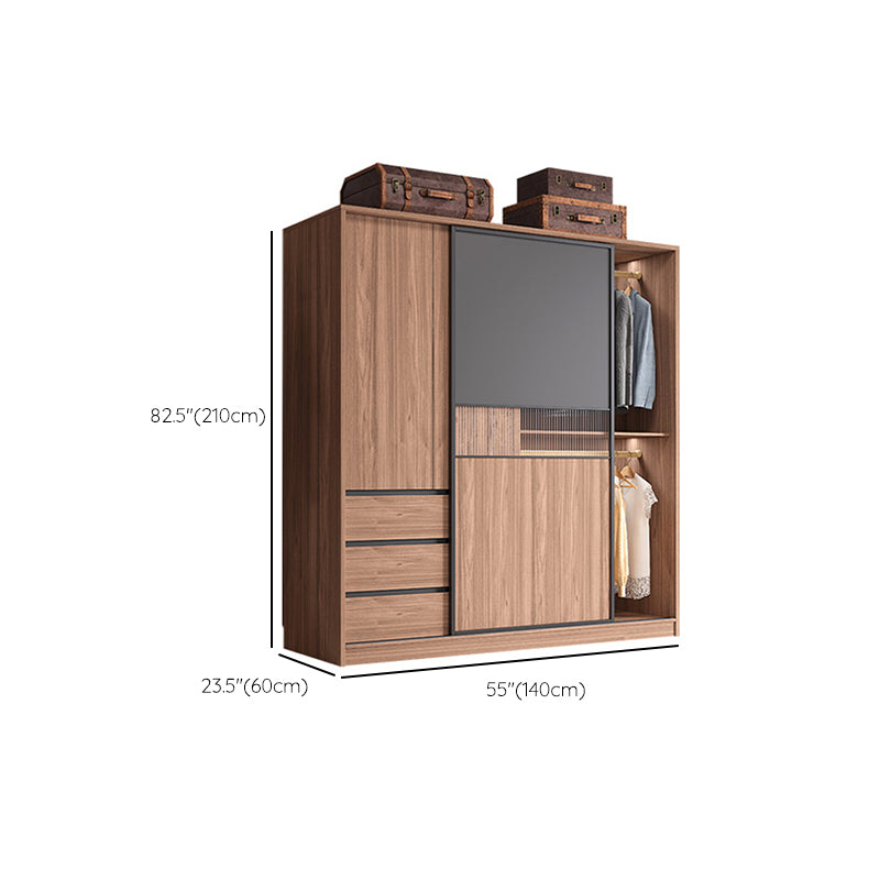 Contemporary Freestanding Wardrobe Armoire Brown Wood Wardrobe with Drawers
