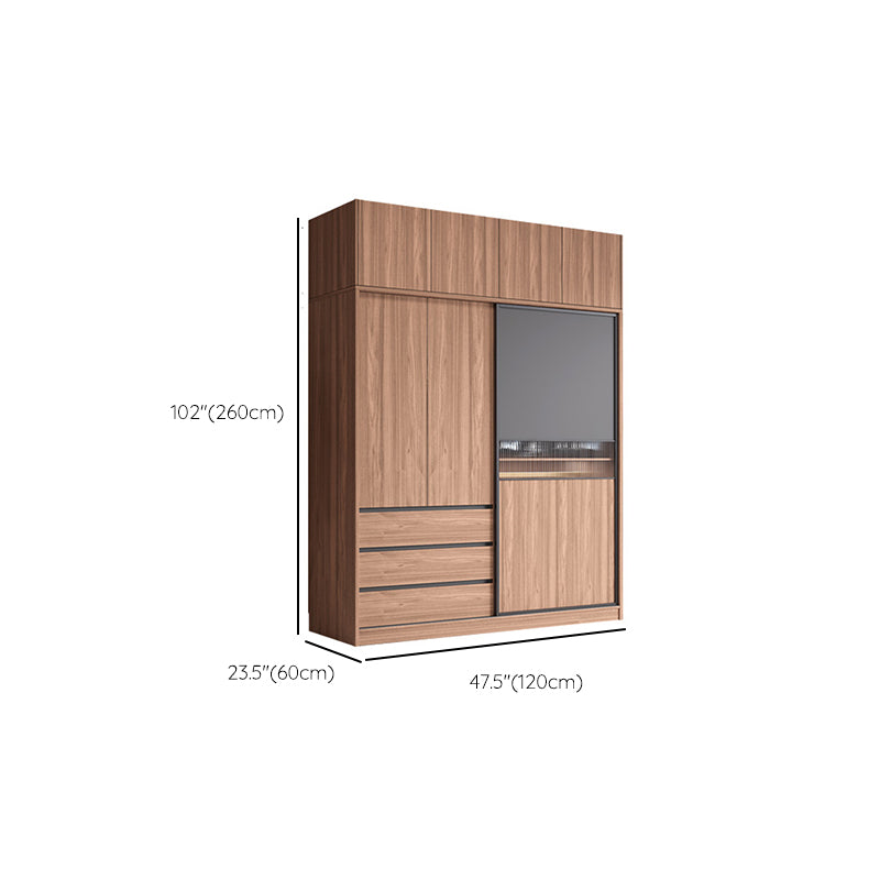 Contemporary Freestanding Wardrobe Armoire Brown Wood Wardrobe with Drawers