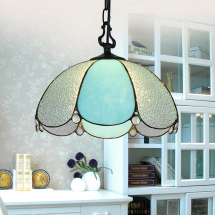 Tiffany Flower Hanging Lamp 1 Bulb Blue/Clear Hand Cut Glass Ceiling Pendant Light for Dining Room