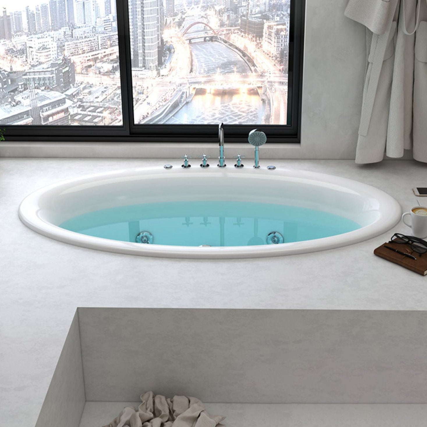 Drop in Soaking Bathtub White Oval Modern Back to Wall Acrylic Bath