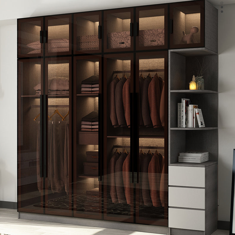 Modern Glass Hinged Doors Wardrobe Armoire Wood Frame Wardrobe with Shelves without Light
