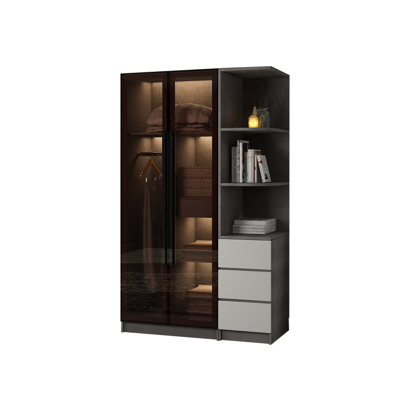 Modern Glass Hinged Doors Wardrobe Armoire Wood Frame Wardrobe with Shelves without Light