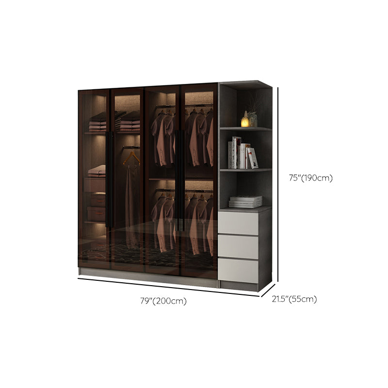 Modern Glass Hinged Doors Wardrobe Armoire Wood Frame Wardrobe with Shelves without Light