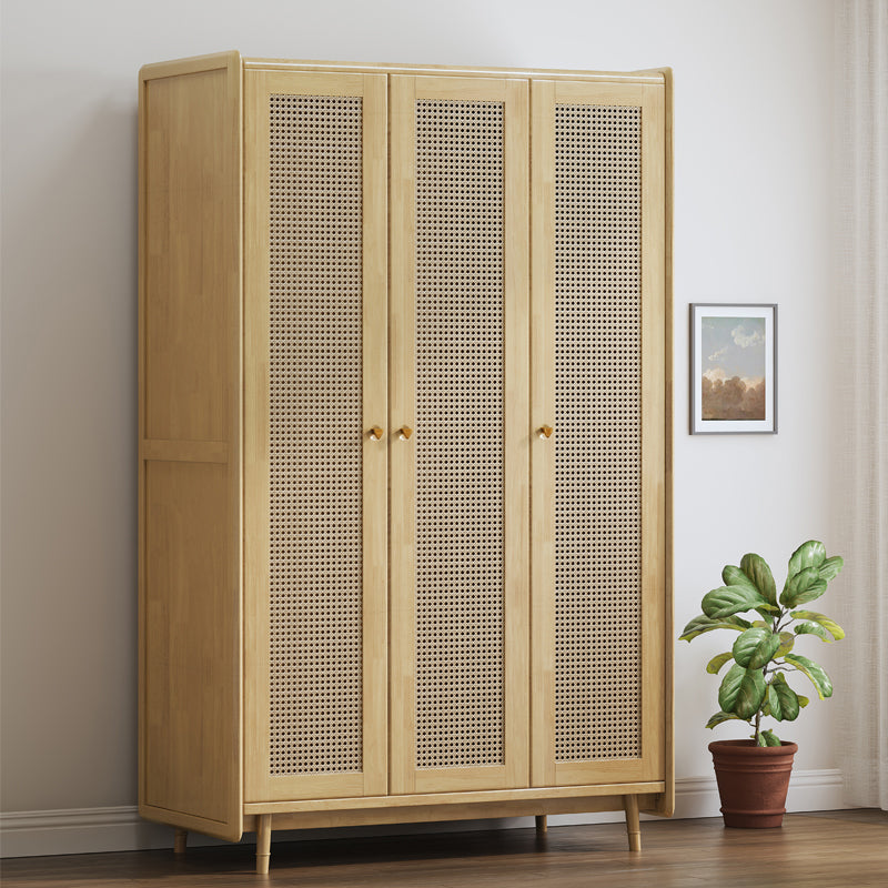 Rubberwood Solid Wood Frame Wardrobe Modern Rattan Hinged Doors with Legs