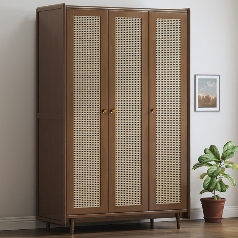 Rubberwood Solid Wood Frame Wardrobe Modern Rattan Hinged Doors with Legs