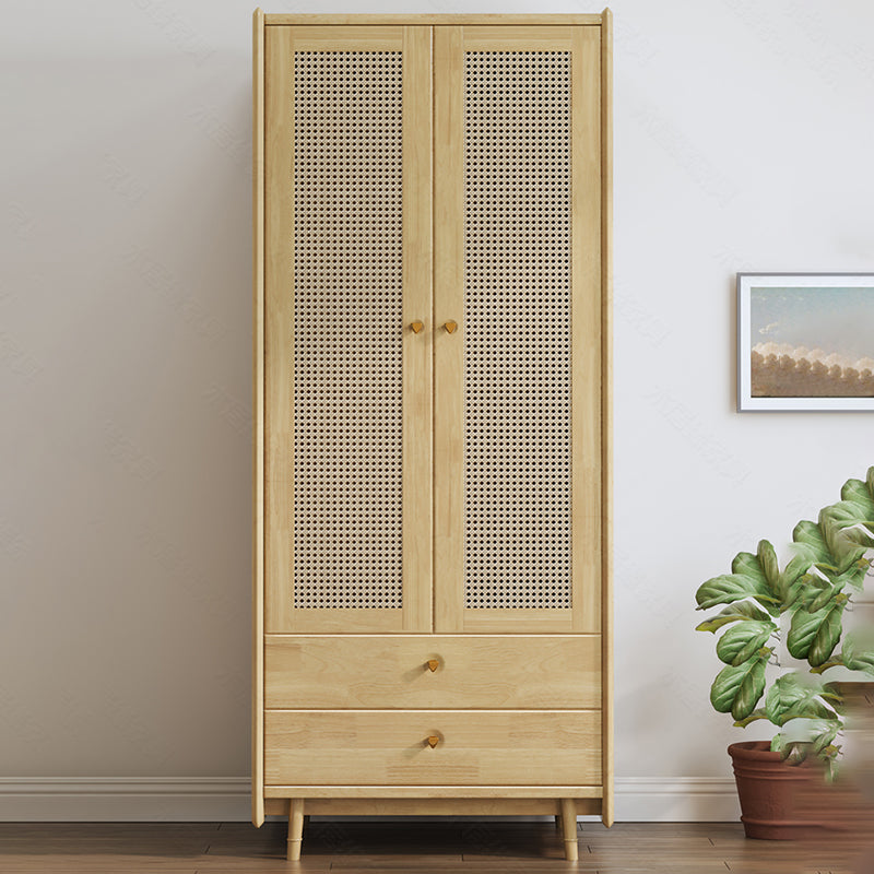 Rubberwood Solid Wood Frame Wardrobe Modern Rattan Hinged Doors with Legs