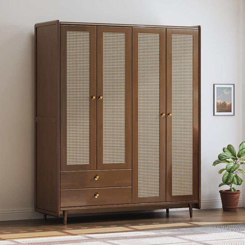 Rubberwood Solid Wood Frame Wardrobe Modern Rattan Hinged Doors with Legs