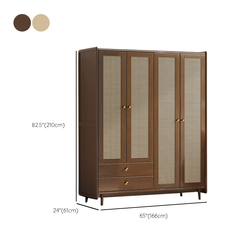 Rubberwood Solid Wood Frame Wardrobe Modern Rattan Hinged Doors with Legs