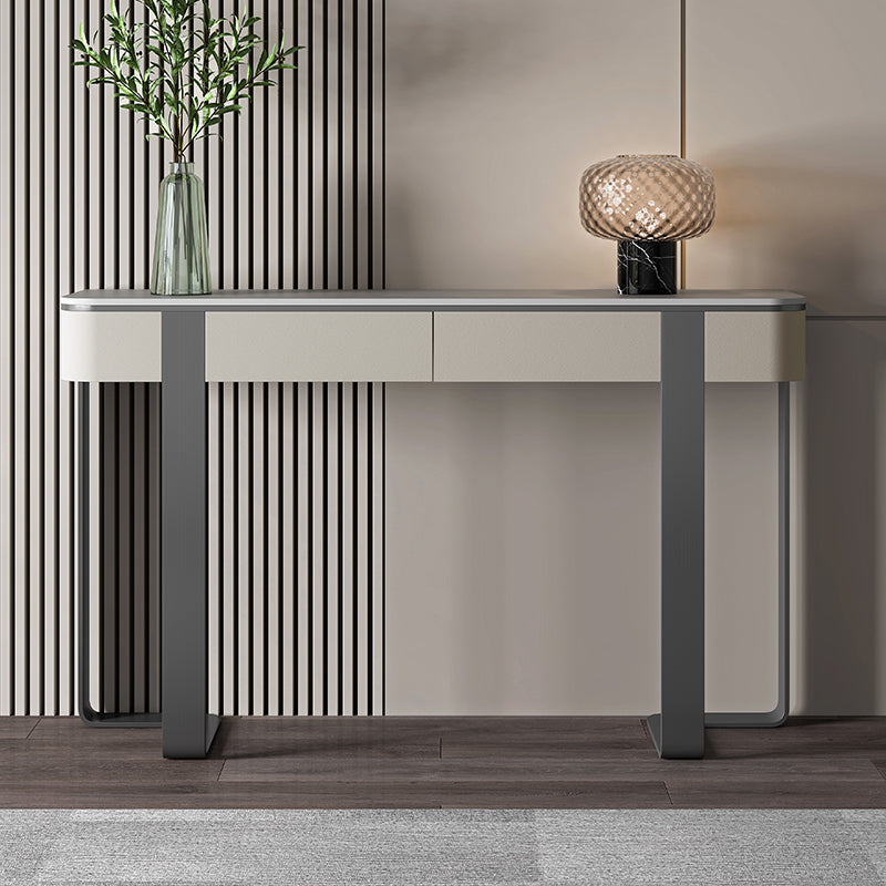 Modern Accent Table Stone Half Moon Console Table with 1 Shelf , 33.46" Tall
