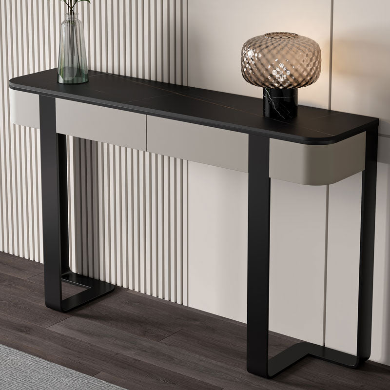 Modern Accent Table Stone Half Moon Console Table with 1 Shelf , 33.46" Tall