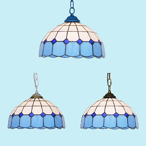 Mediterranean Dome Hanging Light Stained Art Glass 1 Bulb Pendant Light Fixture in White/Blue/Bronze