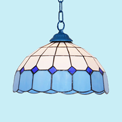 Mediterranean Dome Hanging Light Stained Art Glass 1 Bulb Pendant Light Fixture in White/Blue/Bronze